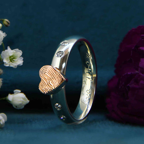 White Gold Ring with Rose Gold Fingerprint Heart