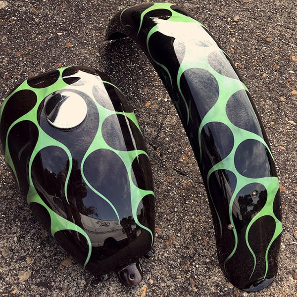 Green and Black Flames Custom Chopper Gas Tank and Fender