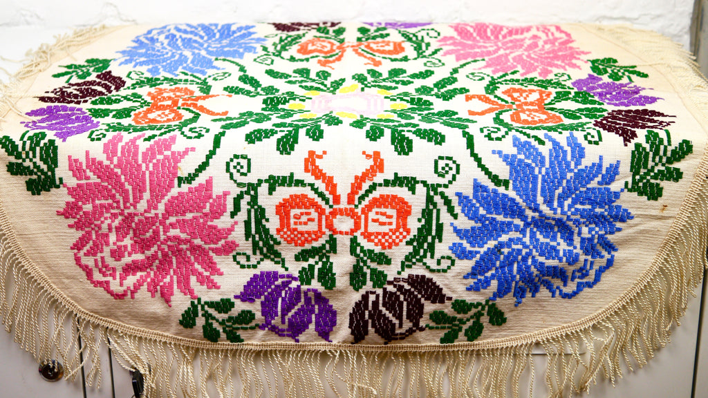 Vintage Embroidered Floral Fringe Small Round Tablecloth Dresser