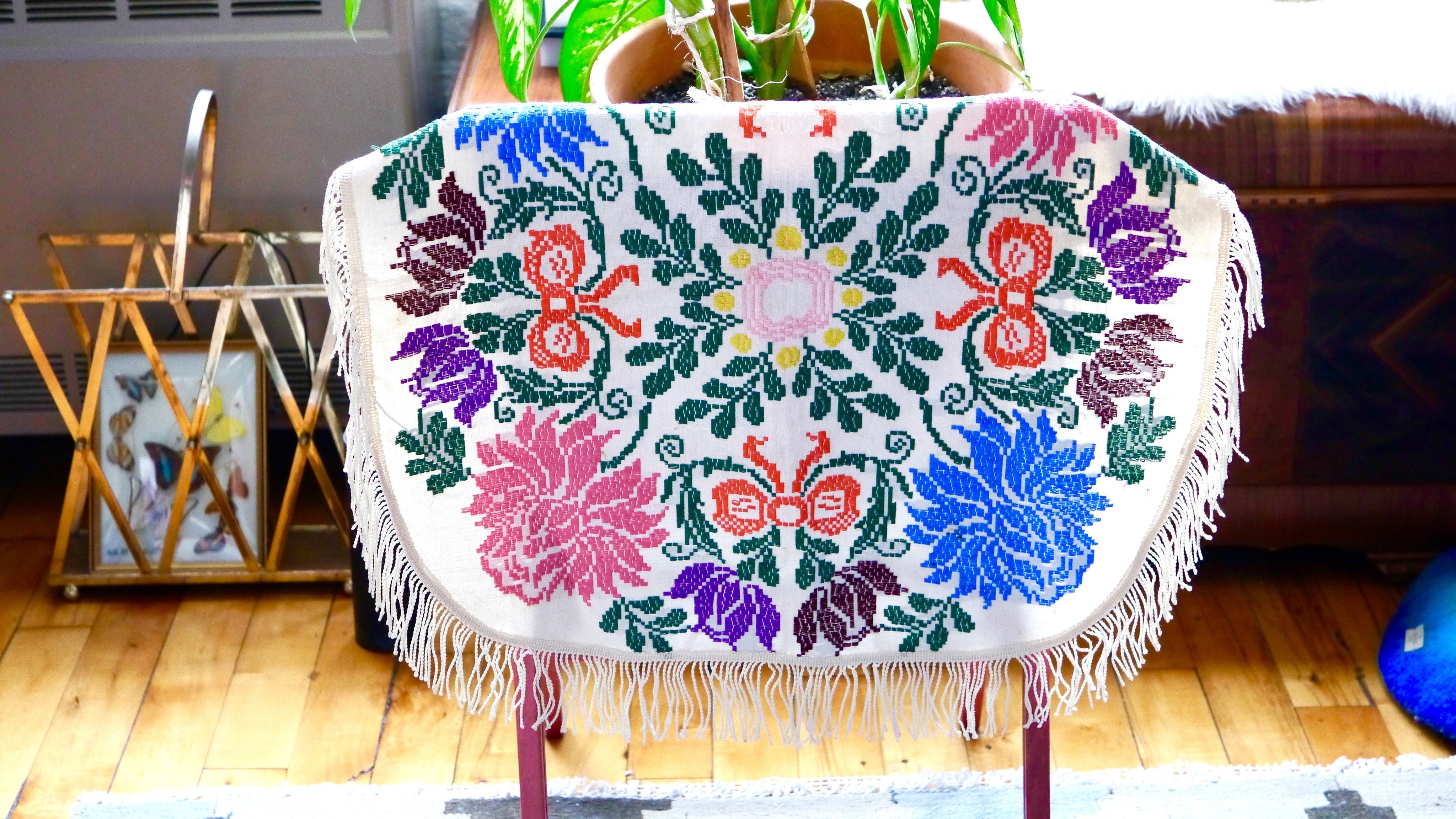 Vintage Embroidered Floral Fringe Small Round Tablecloth Dresser