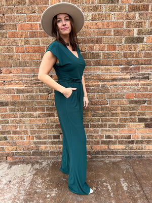 V Neck Short Sleeve Waist Shirring Wide Leg Jumpsuit - Two Sisters Boutique