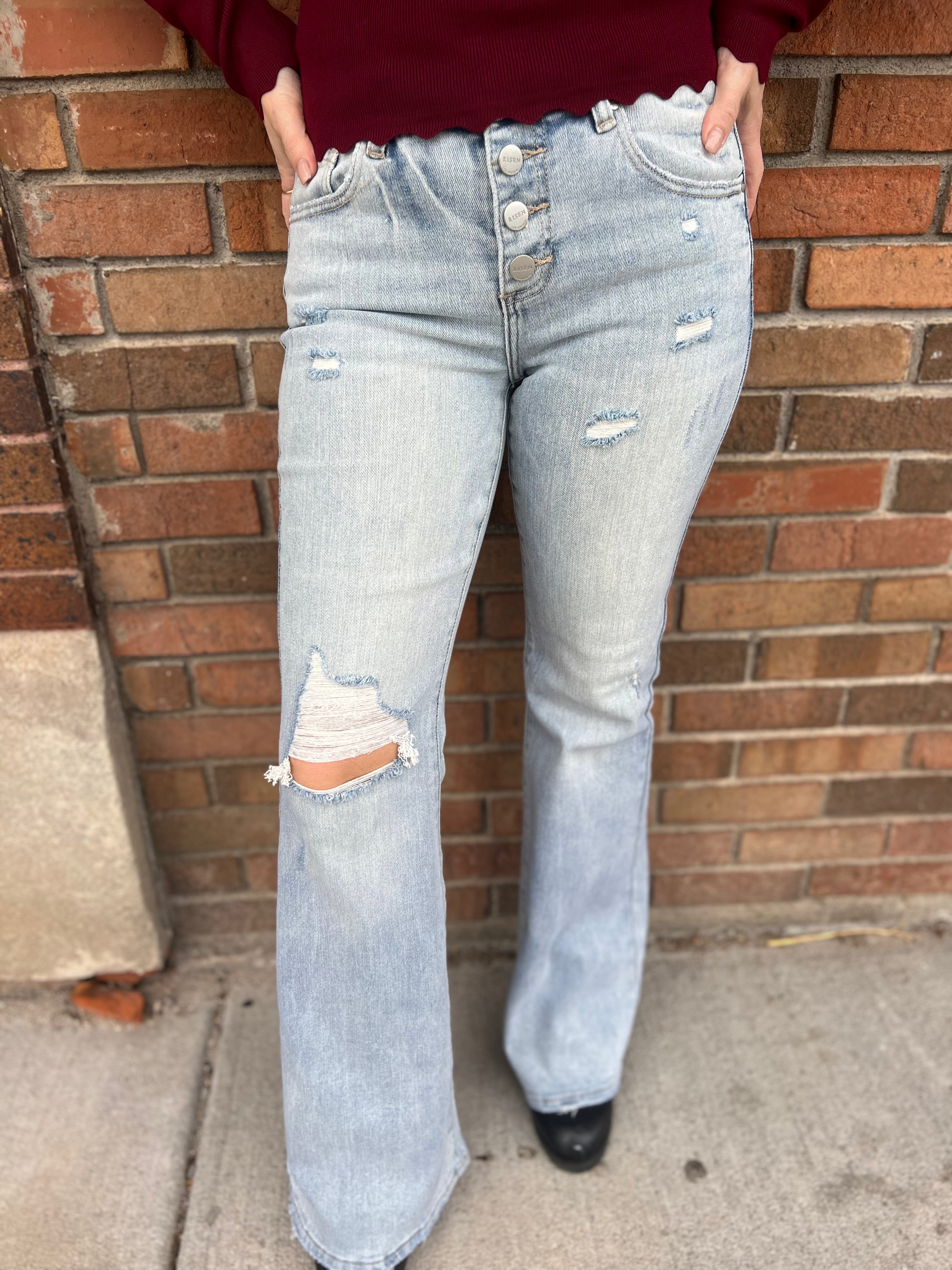 Risen Mid Rise Flare Button Down Jeans