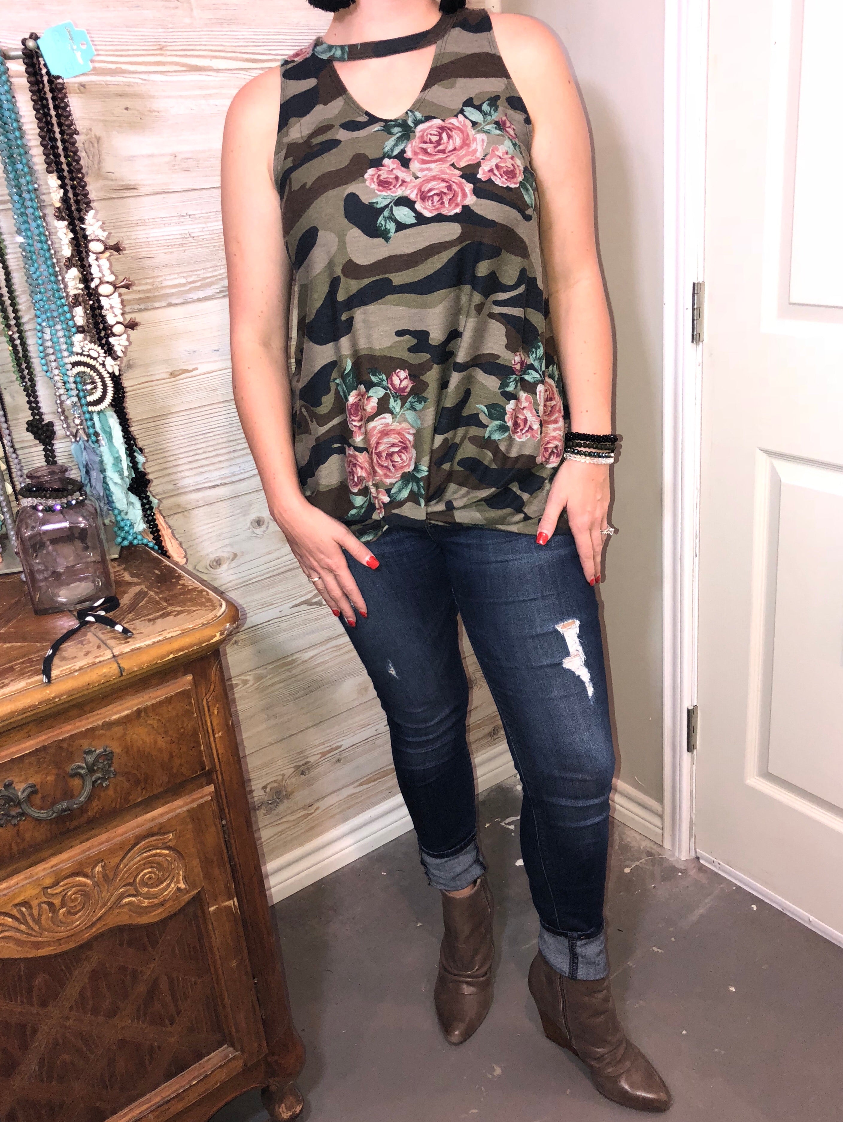 Camo Floral Knot Top