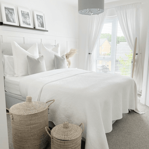 Pure white décor matched with white Hampton and Astley Egyptian cotton sateen bedding creates a fresh, summery vibe.