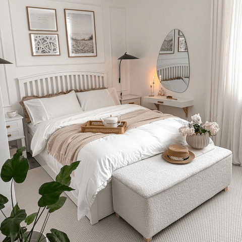 White décor with natural wood accents work beautifully with a set of Hampton and Astley Egyptian cotton bedding.