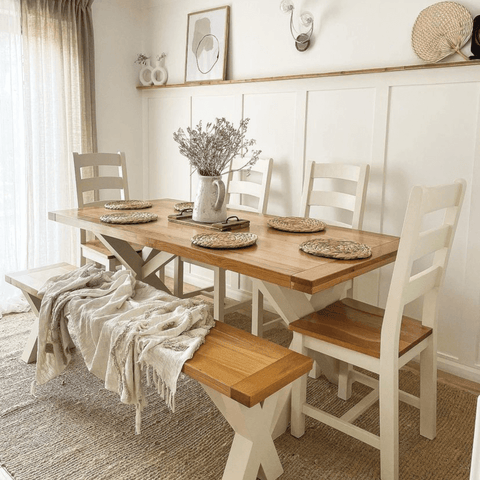 Dot's love of natural materials comes alive in the dining area, where linen, wicker and jute complement shaker style furniture.