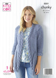 A woman's three quarter length sleeve cardigan in a cool toned blue. Cabled cuffs and neckline with a belt.