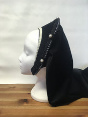 Side view of finished Tudor French Hood made in black velvet with pearl beading and trim