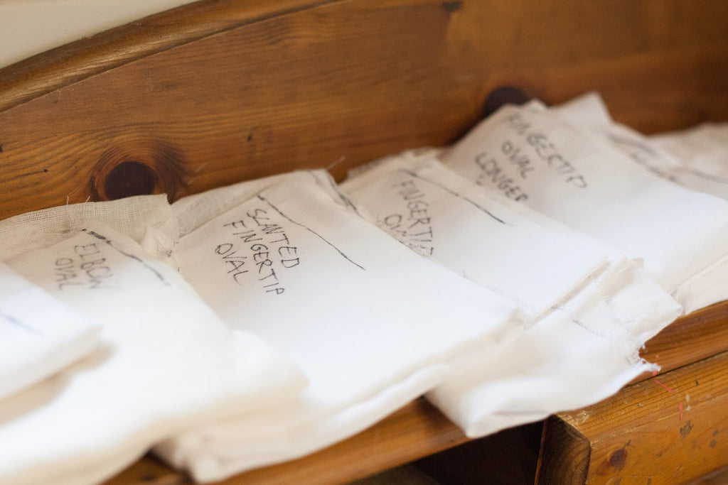 A stash of bridal veil templates labelled by style