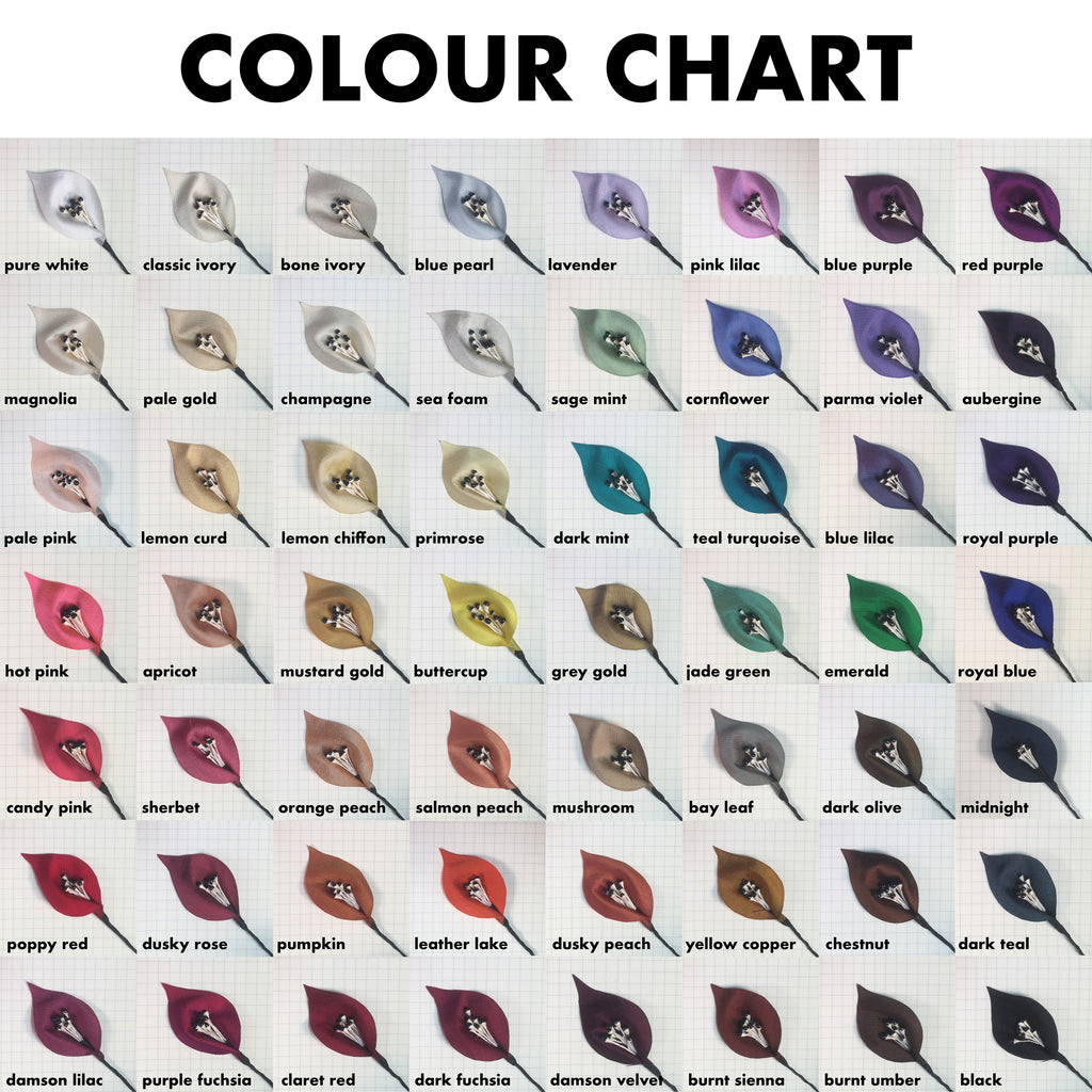 Colour chart of all the petal shades to choose from for colour lilies headpieces