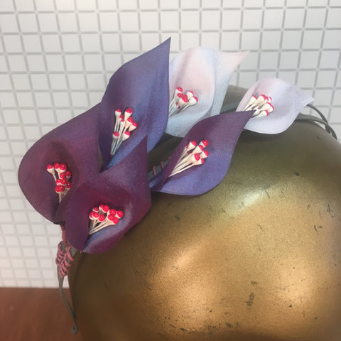 Lilac, pink and grey headpiece made with silk flowers