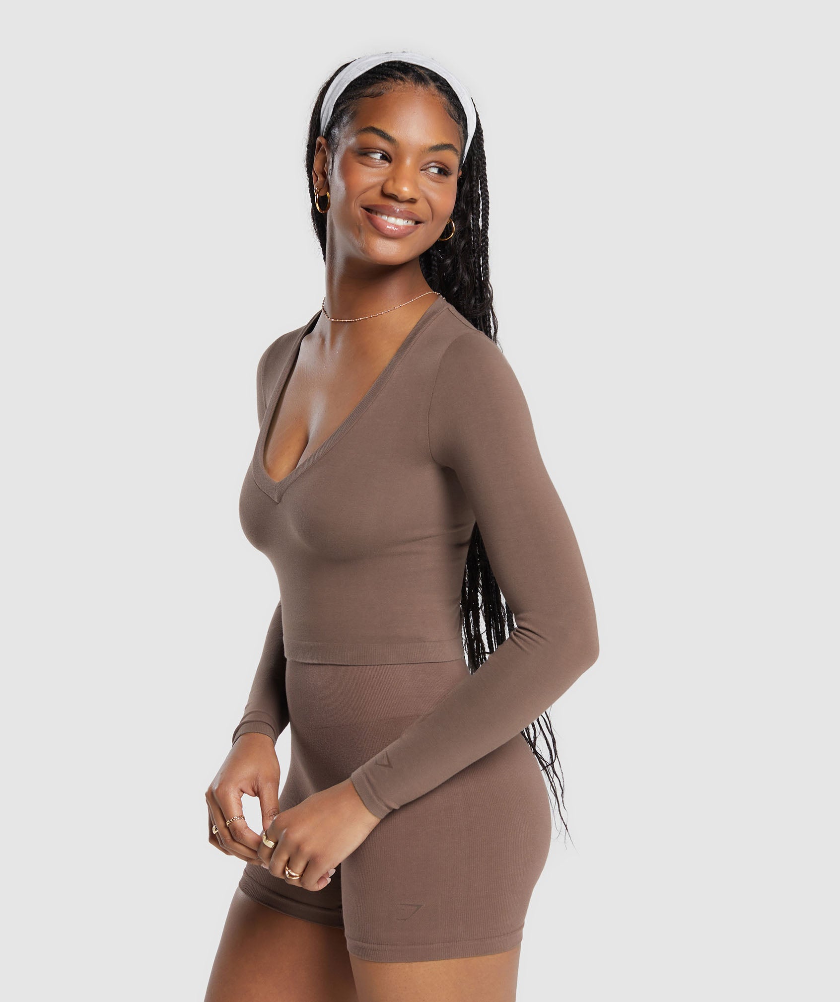 Cotton Seamless Long Sleeve Midi Top in Soft Brown - view 3
