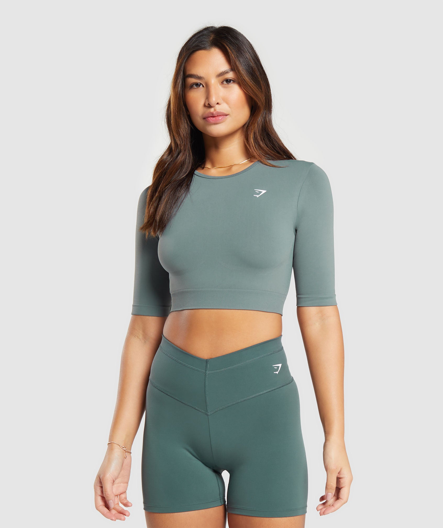 GYMSHARK Adapt Camo Seamless Long Sleeve Crop Top WOMENS X-SMALL Green &  Gray