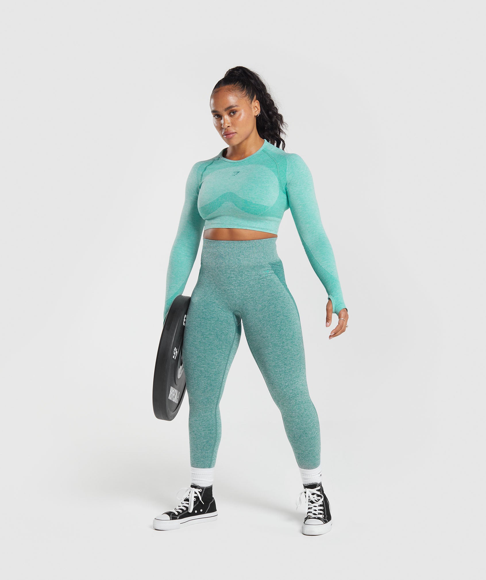 Flex Long Sleeve Crop Top in Cornflower Blue/White Marl/Jewel Green - view 4