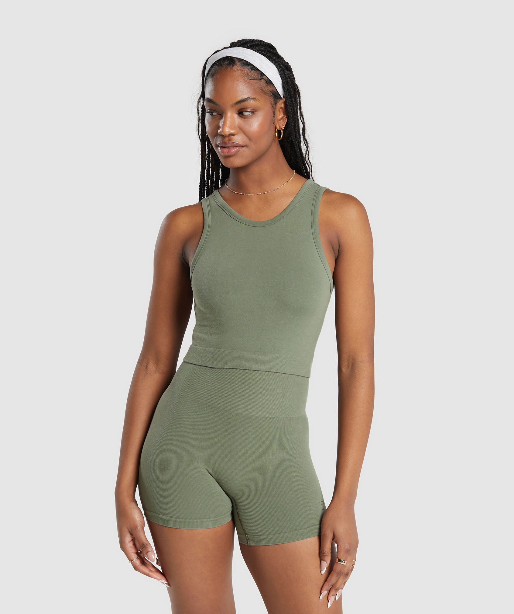 Ribbed Cotton Seamless Body Fit Tank in Base Green