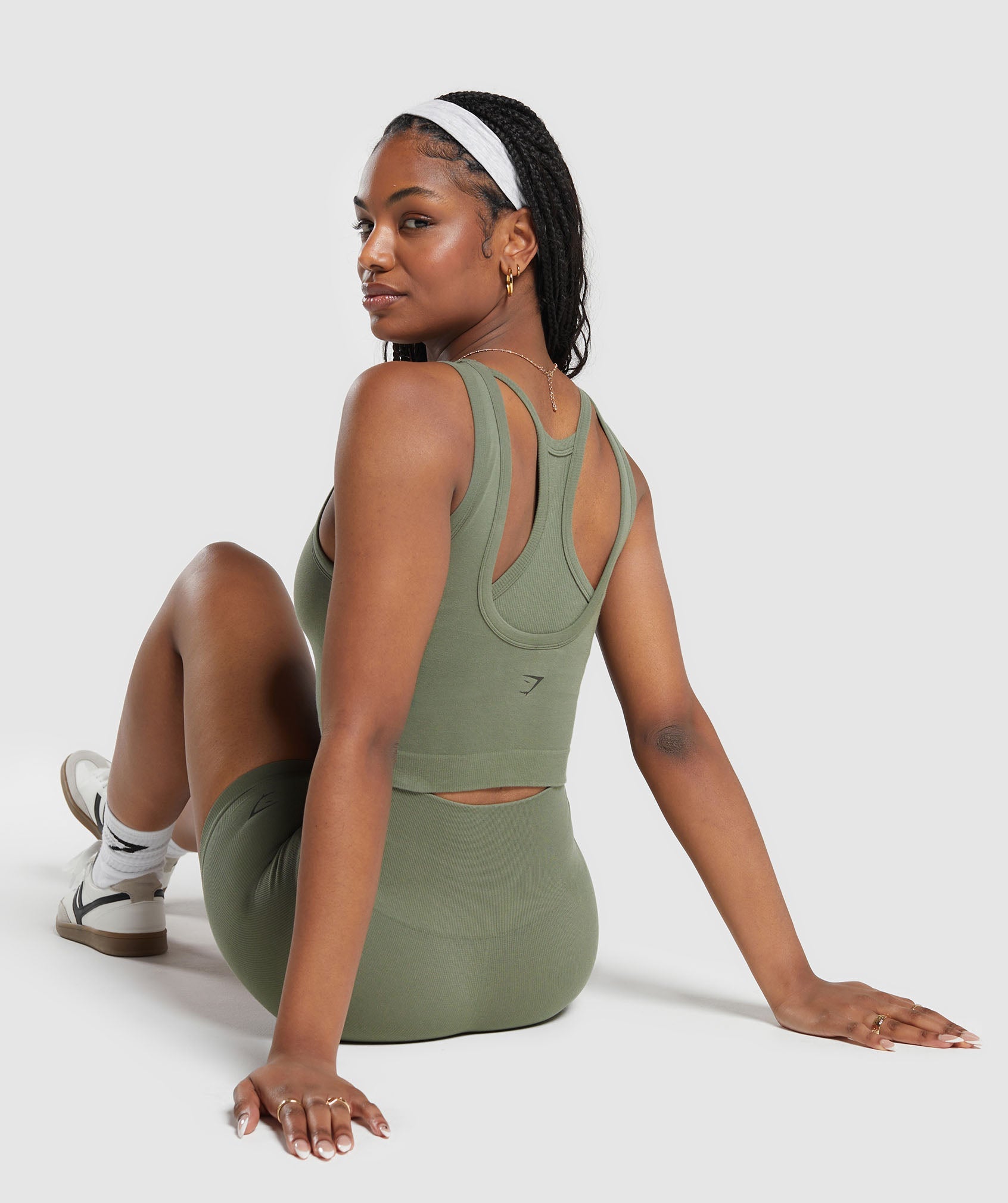 Ribbed Cotton Seamless Body Fit Tank in Base Green - view 4