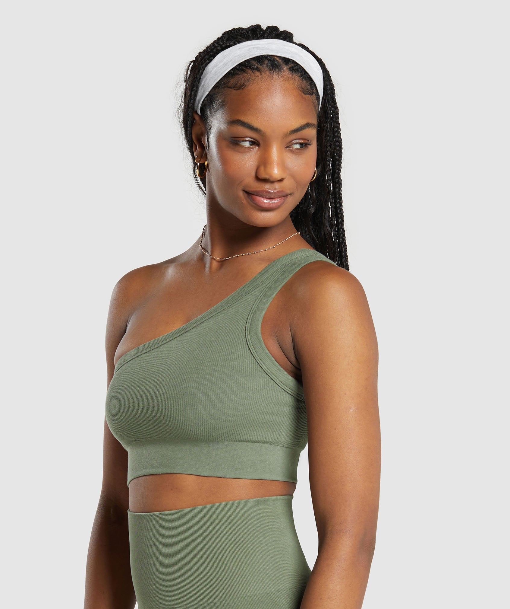 Ribbed Cotton Seamless One Shoulder  Bra in Base Green - view 3