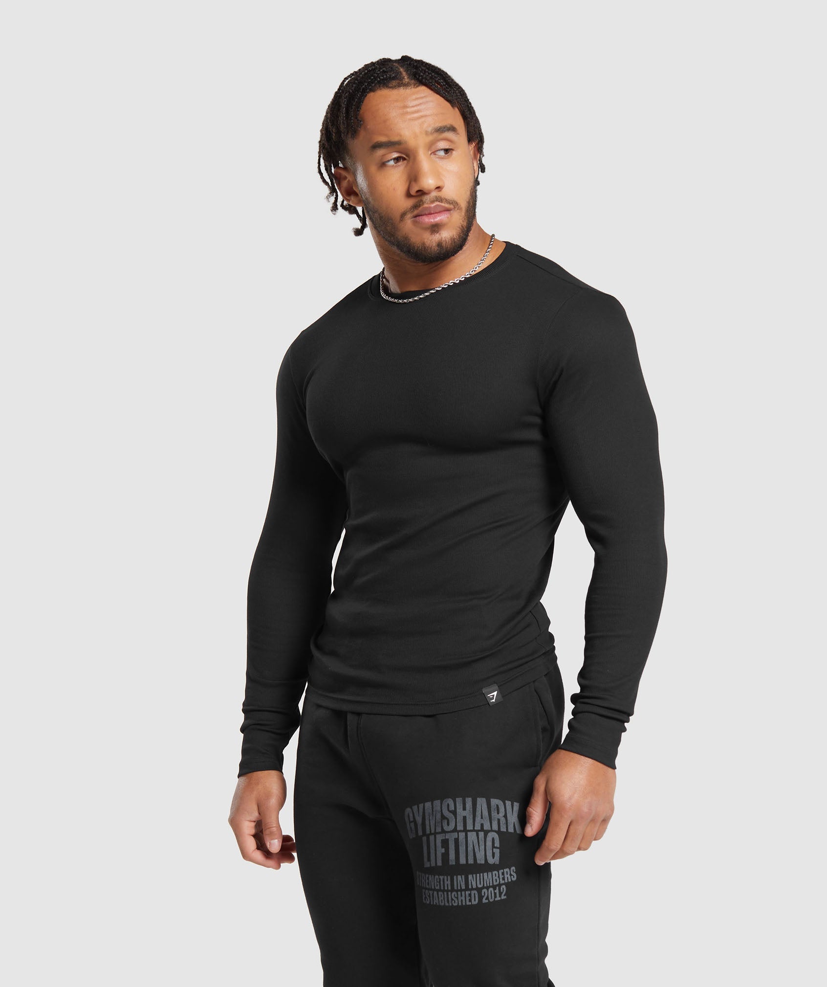 Ribbed Long Sleeve T-Shirt in Black - view 3
