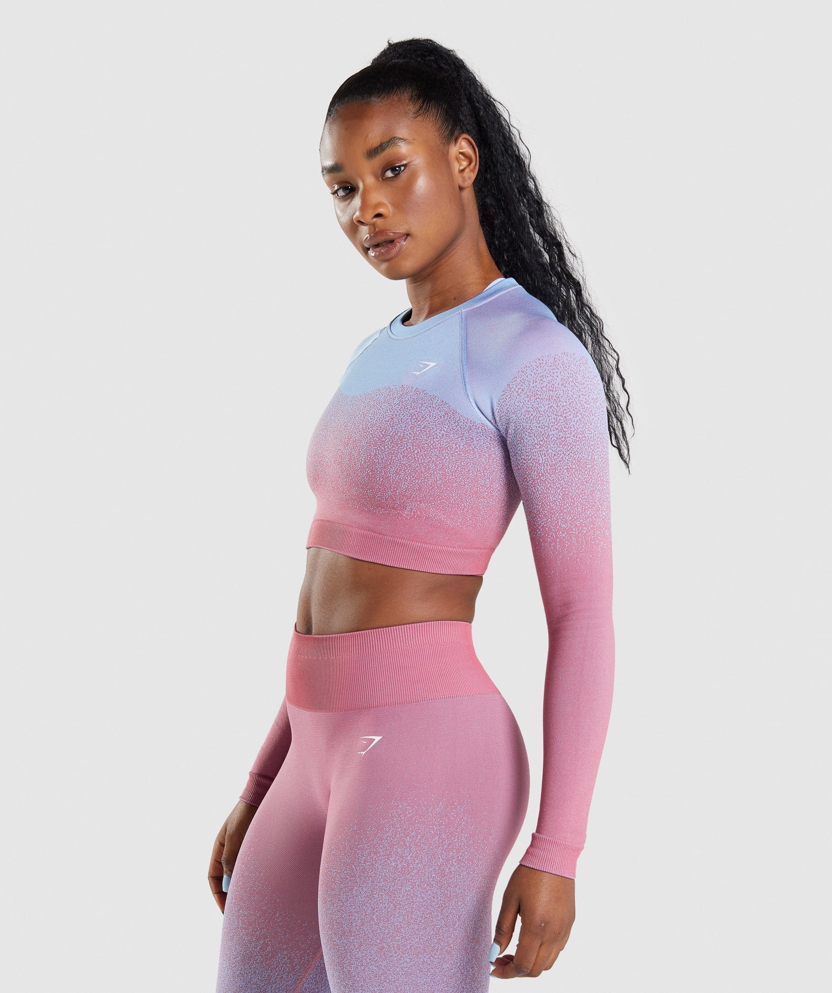 Adapt Ombre Seamless Long Sleeve Crop Top in Rose Pink/Light Blue - view 3
