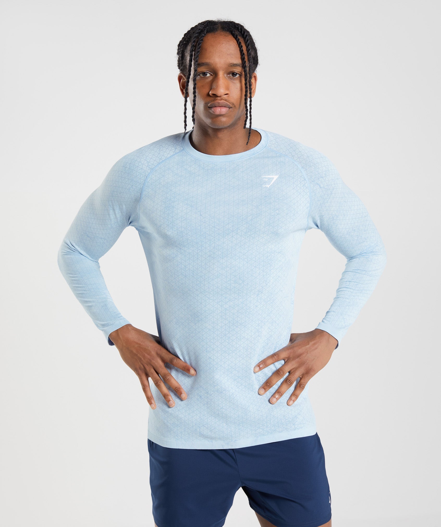 Geo Seamless Long Sleeve T-Shirt in White/Moonstone Blue