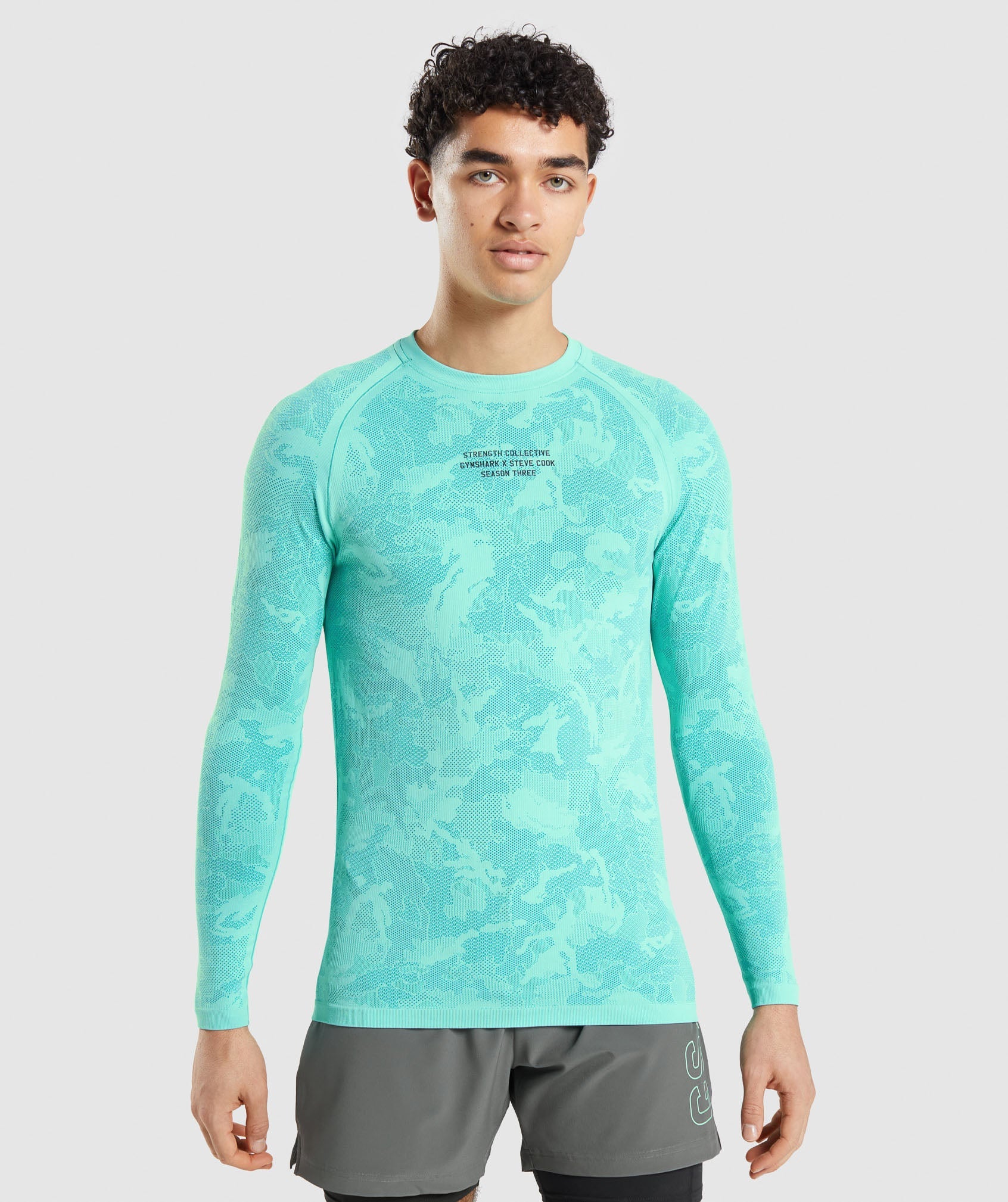 Gymshark//Steve Cook Long Sleeve Seamless T-Shirt in Bright Turquoise/Atlas Blue - view 2
