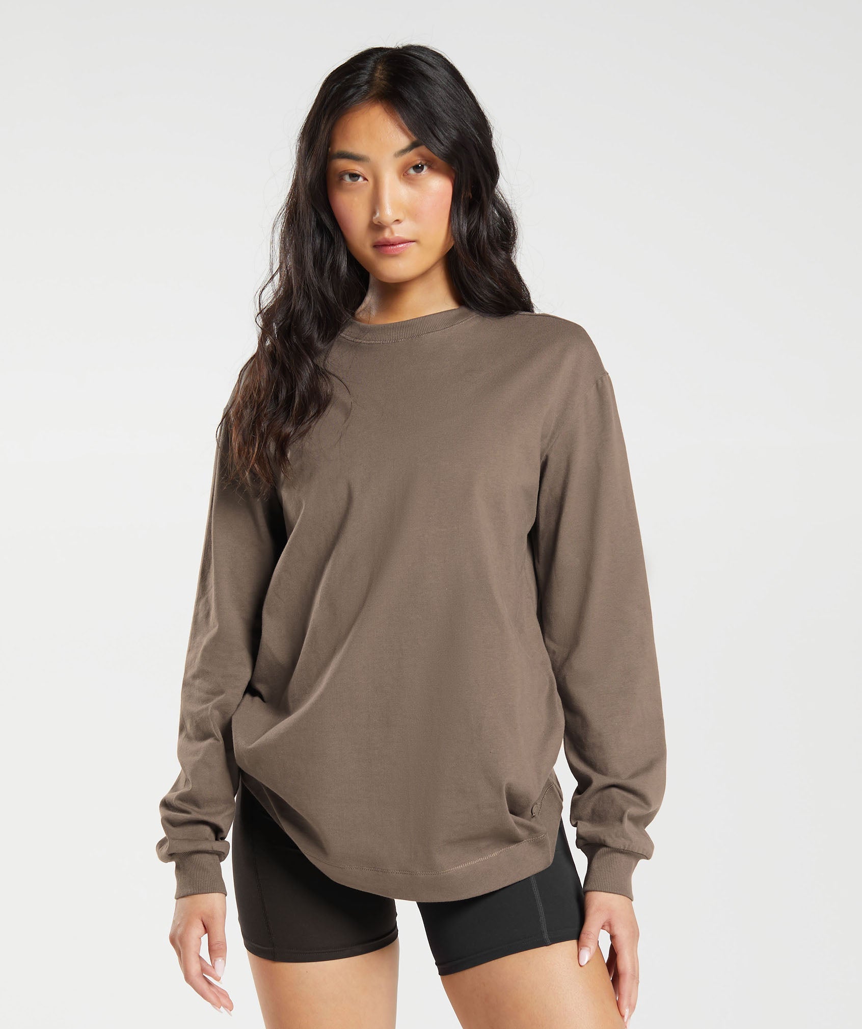 Cotton Oversized Long Sleeve Top in Camo Brown