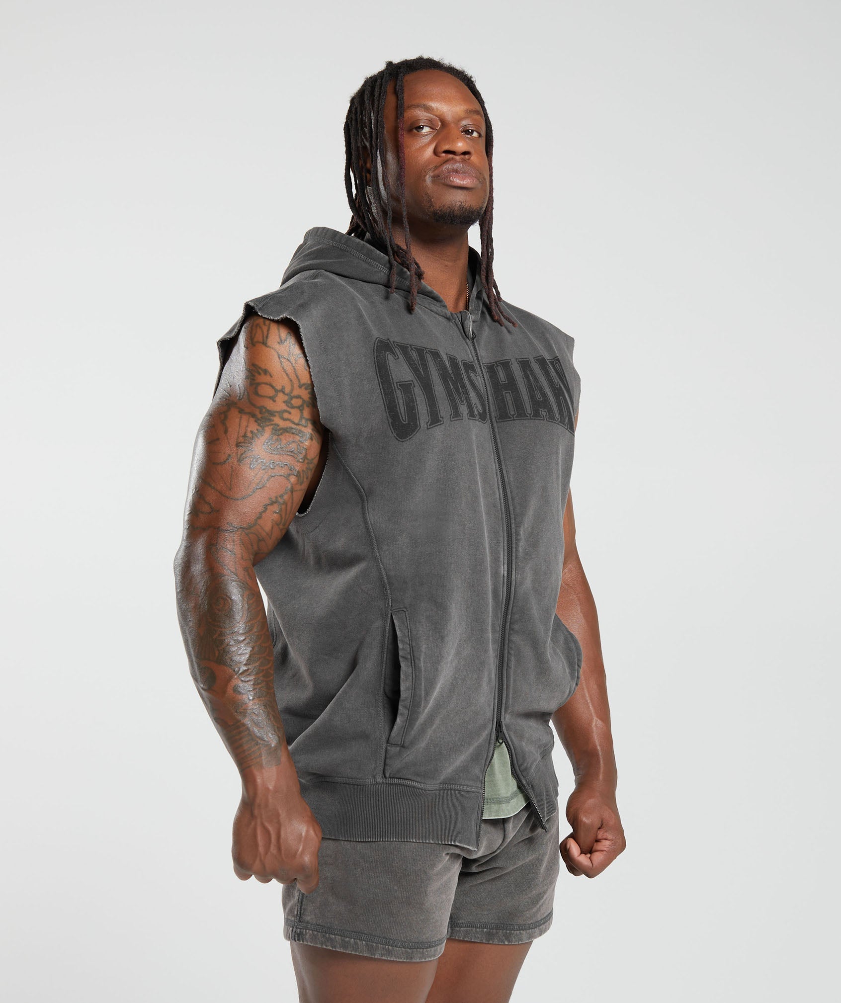 Heritage Washed Sleeveless Zip Hoodie in Onyx Grey - view 3