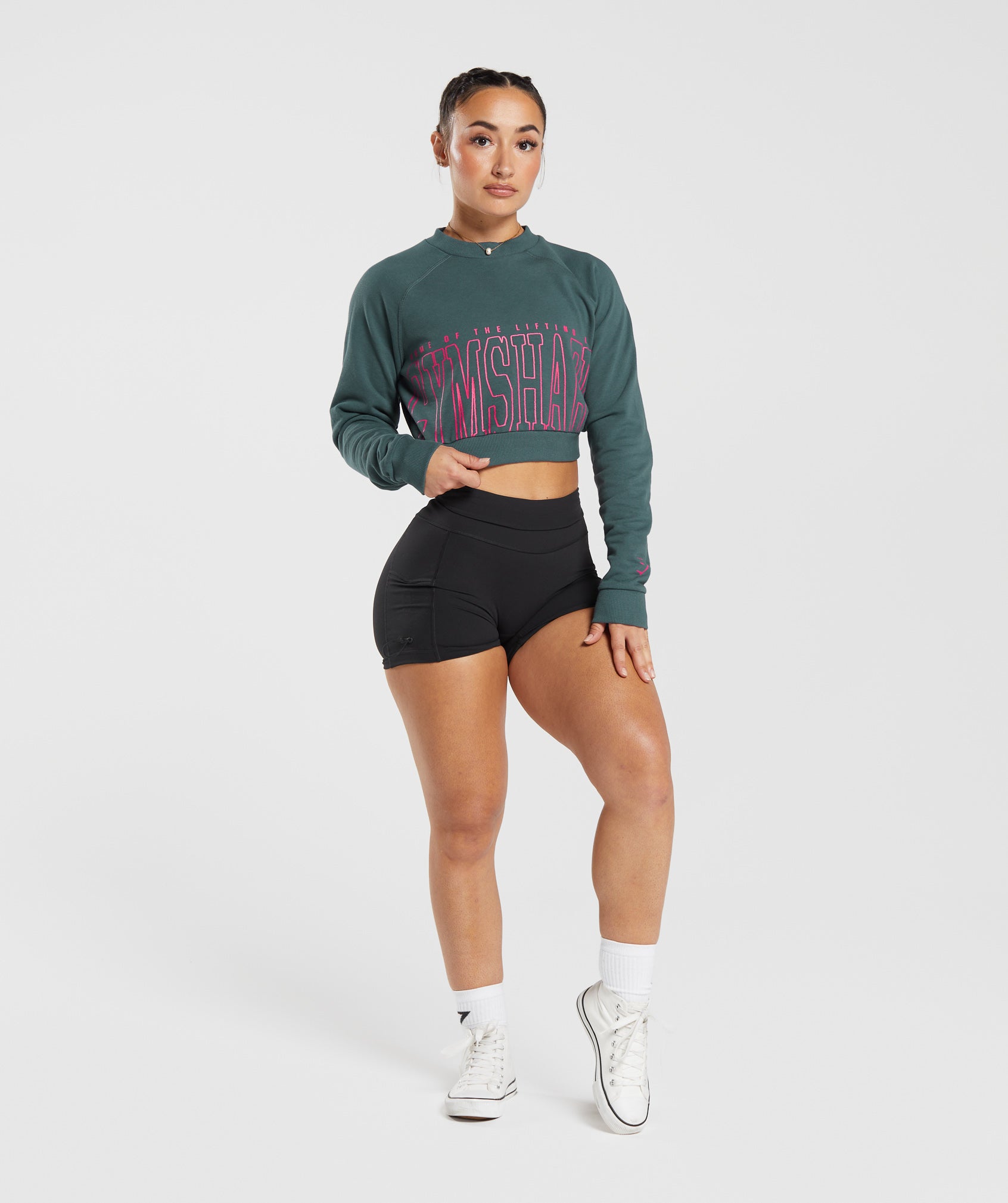 Lifting Graphic Cropped Sweatshirt in Smokey Teal - view 4