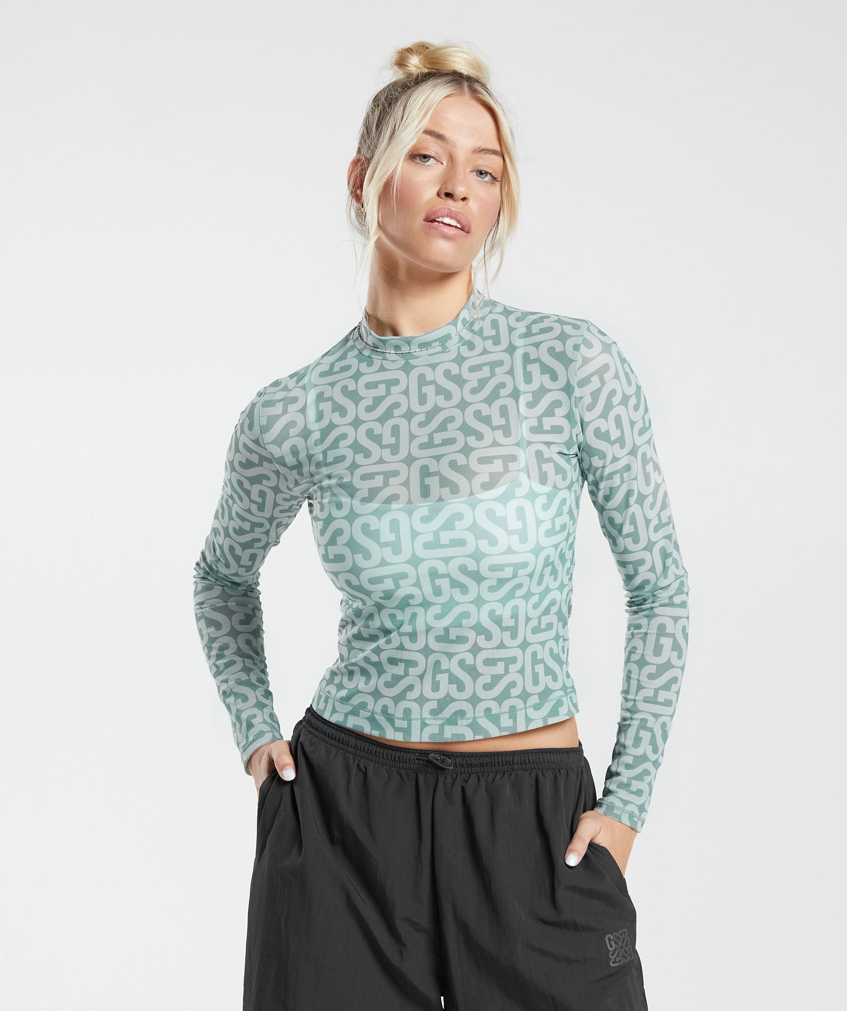 Monogram Mesh Long Sleeve Top in Frost Teal - view 1