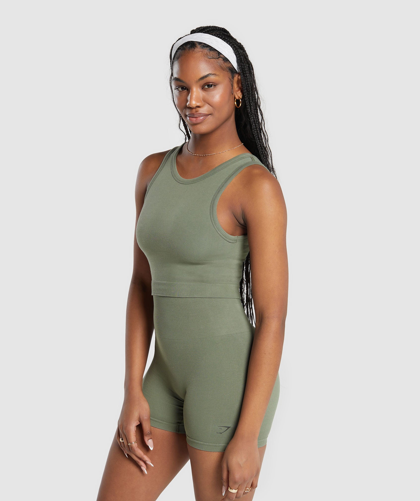 Ribbed Cotton Seamless Body Fit Tank in Base Green - view 3