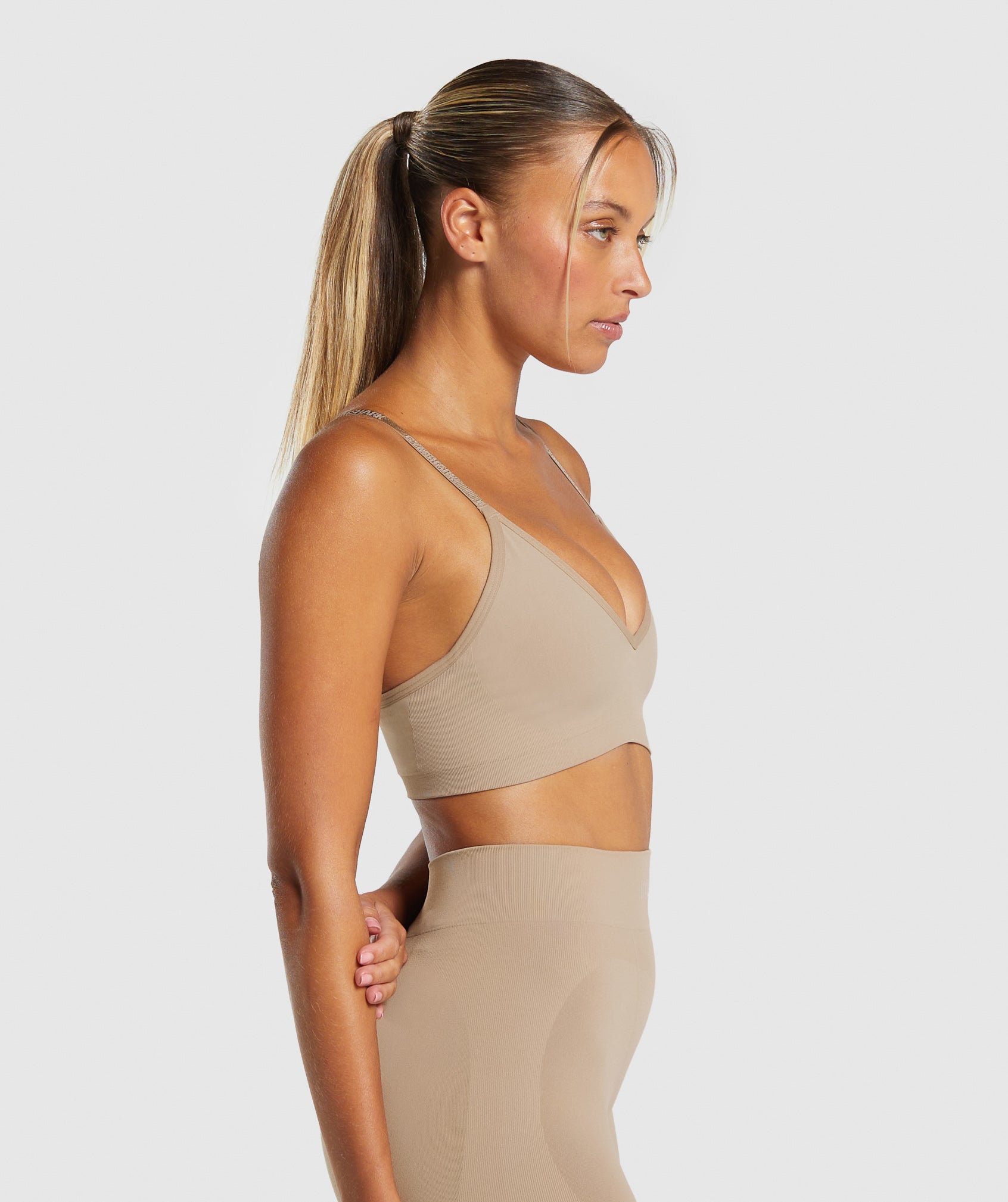 Seamless V Neck Bralette in Cement Brown - view 3