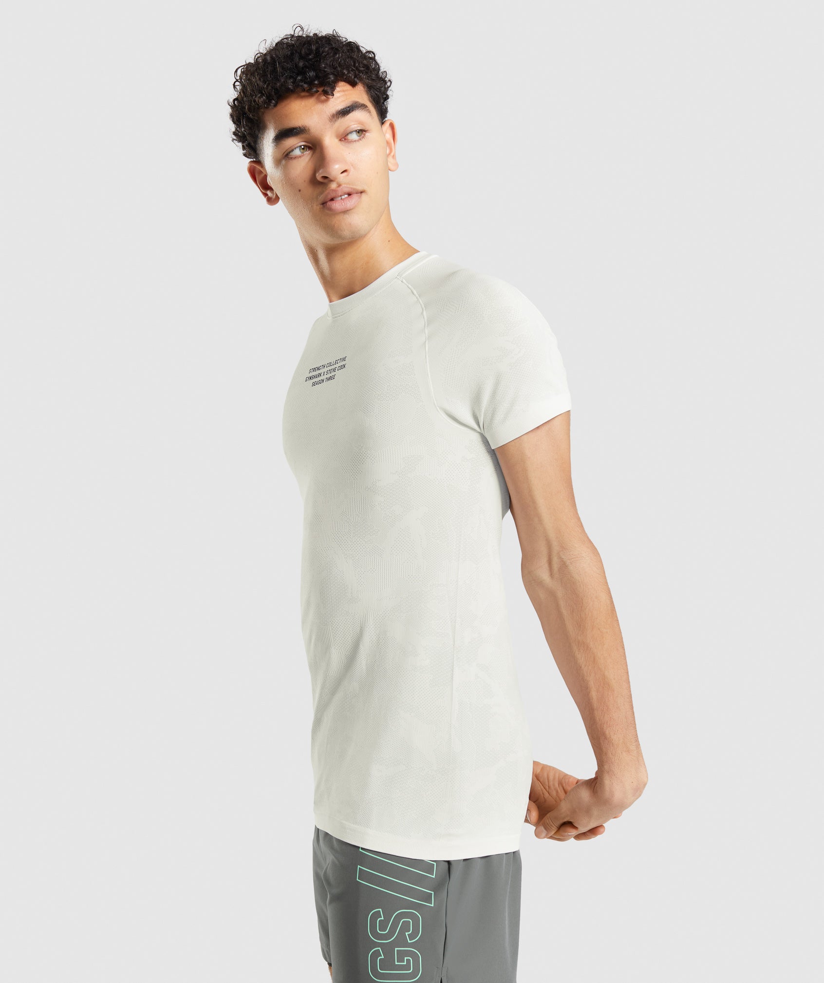 Gymshark//Steve Cook Seamless T-Shirt in Off White/Light Grey - view 3