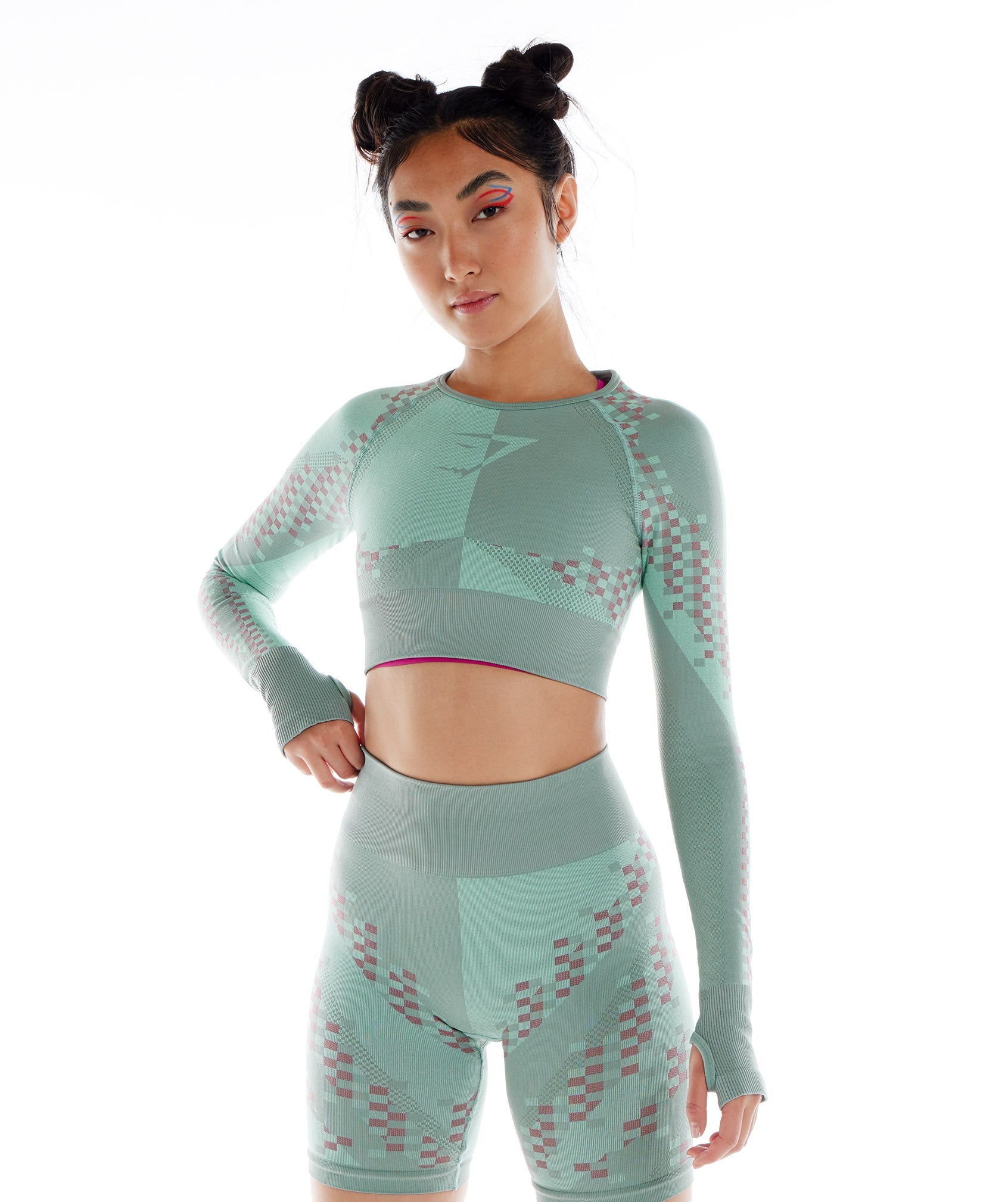 Wtflex Cyborg Seamless Long Sleeve Crop Top in Maya Blue/Hibiscus Pink/Turbo Blue - view 1