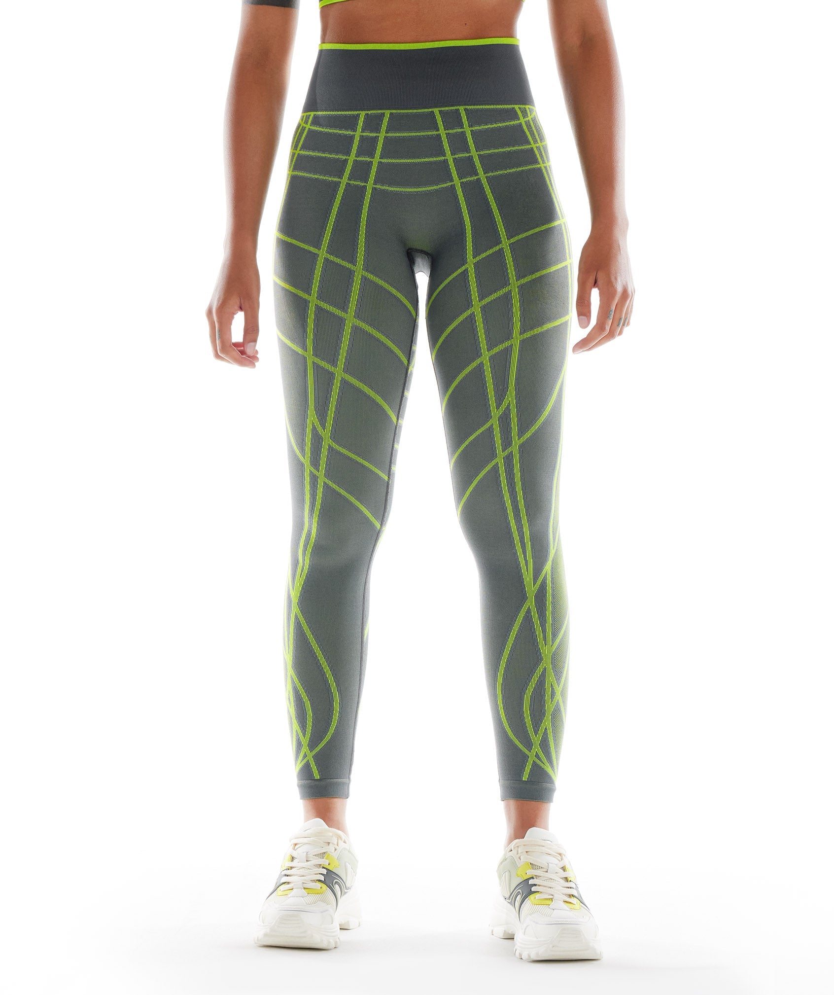 Wtflex Linear Seamless Leggings in  Charcoal Grey/Fluo Green/ Light Grey - view 1