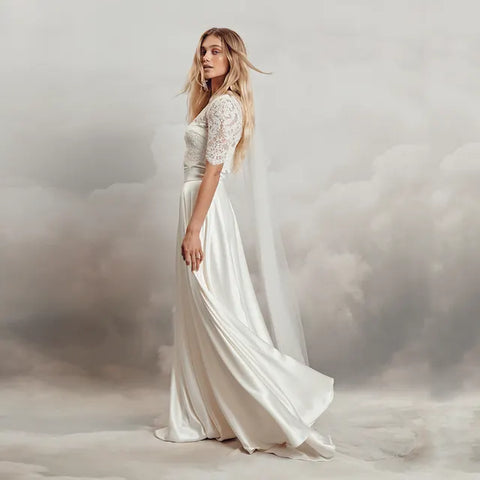 VIVIAN / Plain Wedding Dress with Folded Neckline Design - LaceMarry
