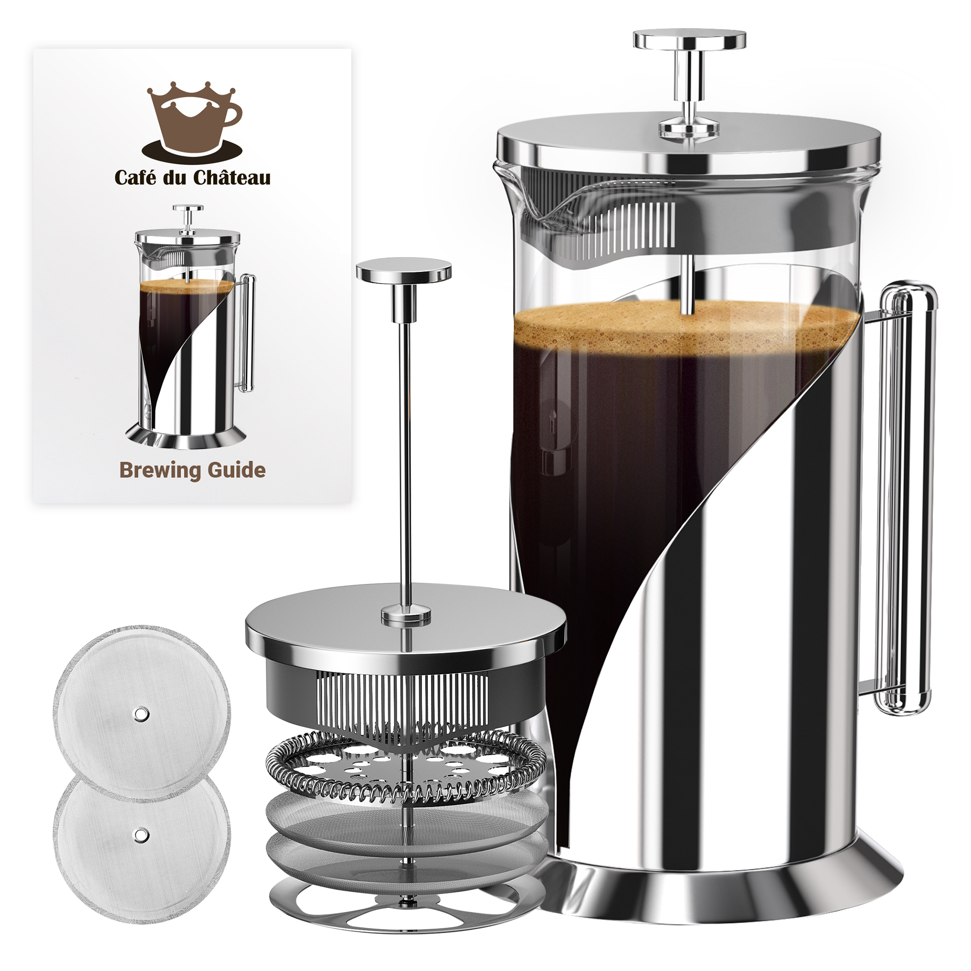 Belwares Stainless Steel French Coffee Press, with Double Wall and Extra Filters - 50 oz
