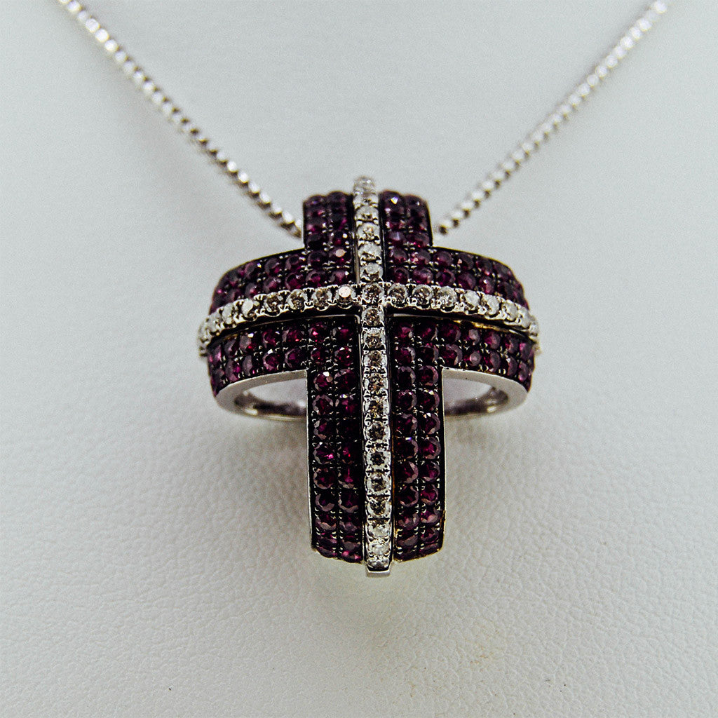 Pink Sapphires With Diamonds Center Cross Necklace