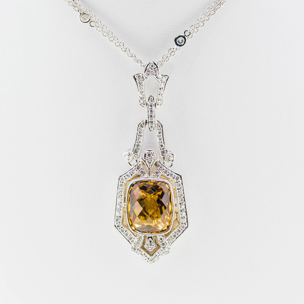 Victorian Style Diamonds And Yellow Topaz Citrine Necklace