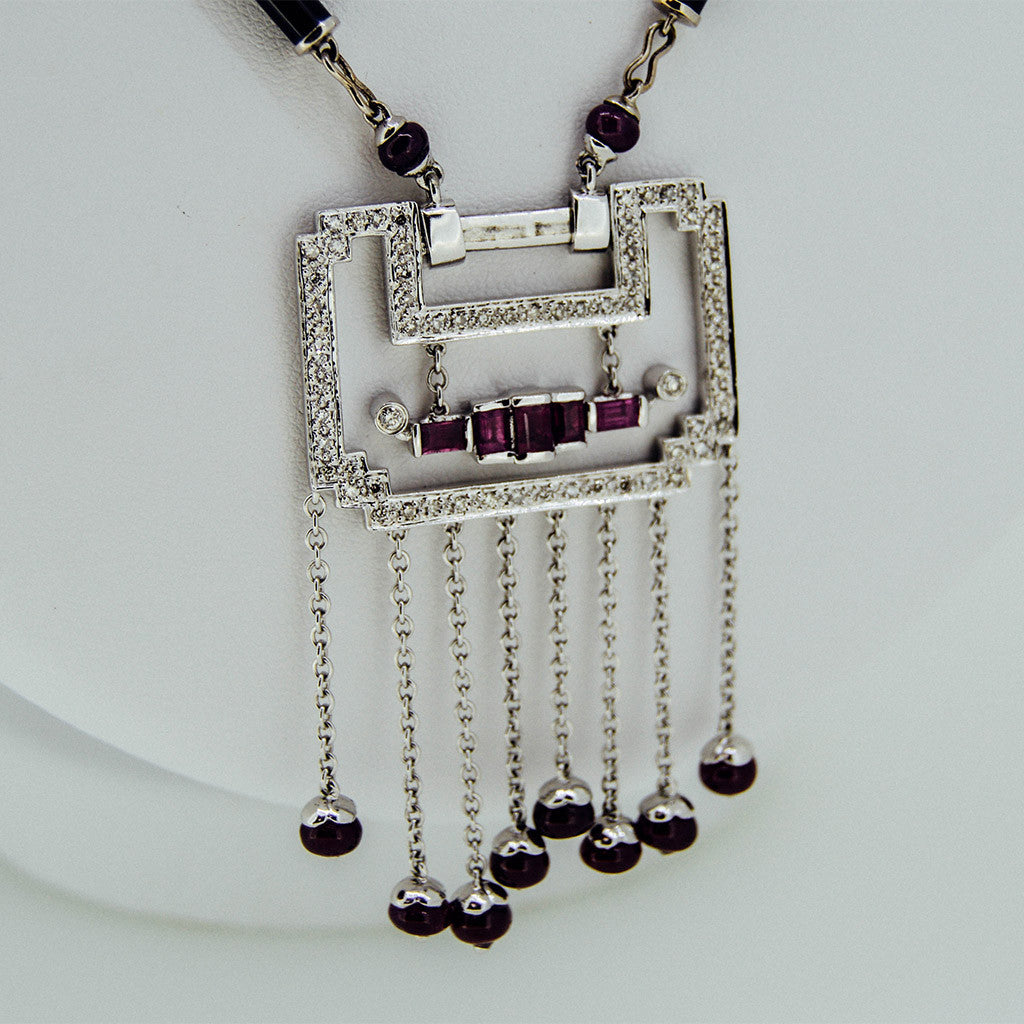 White Gold Handmade Necklace With Diamonds And Rubies