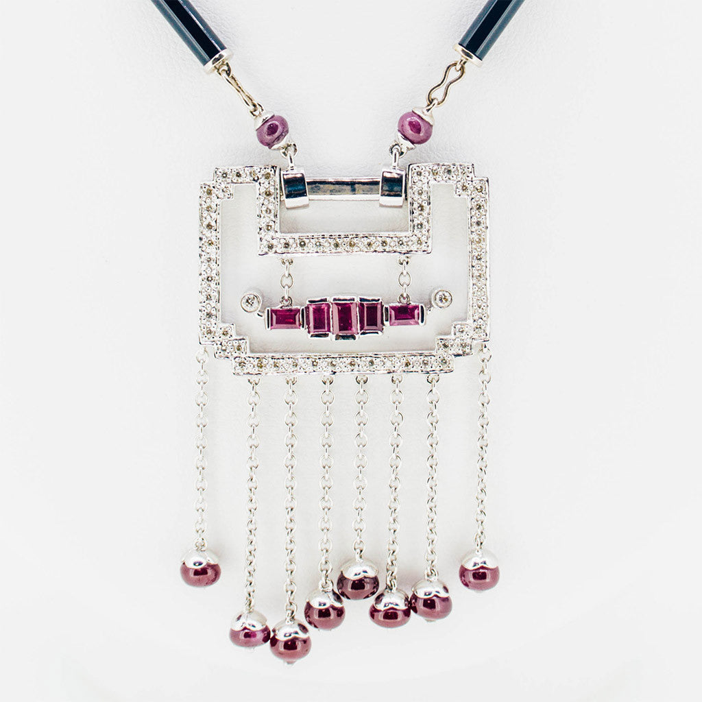 N13 18K White Gold Handmade Necklace With Rubies And Diamonds