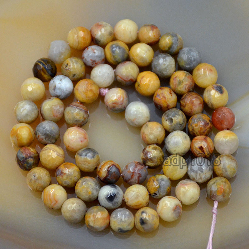 Faceted Natural Crazy Lace Agate Gemstone Round Loose Beads on a 15.5 ...