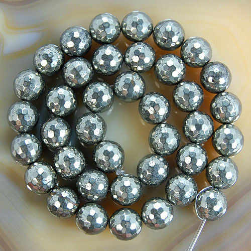 Faceted Natural Pyrite Gemstone Round Loose Beads on a 15.5