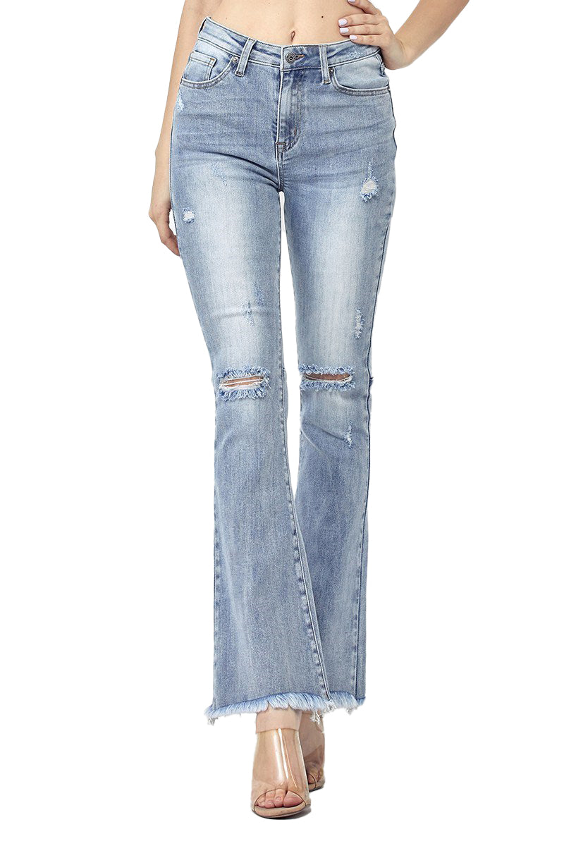 Risen Jeans - High Rise Front Slit with Fray Hem Flare Jeans - RDP5544 -  SaltTree