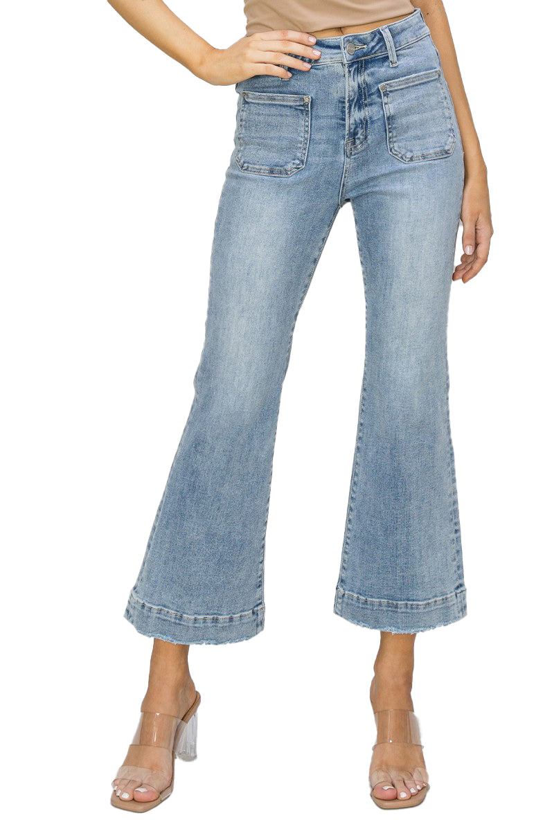 Risen Jeans - High Rise Front Slit with Fray Hem Flare Jeans - RDP5544 -  SaltTree
