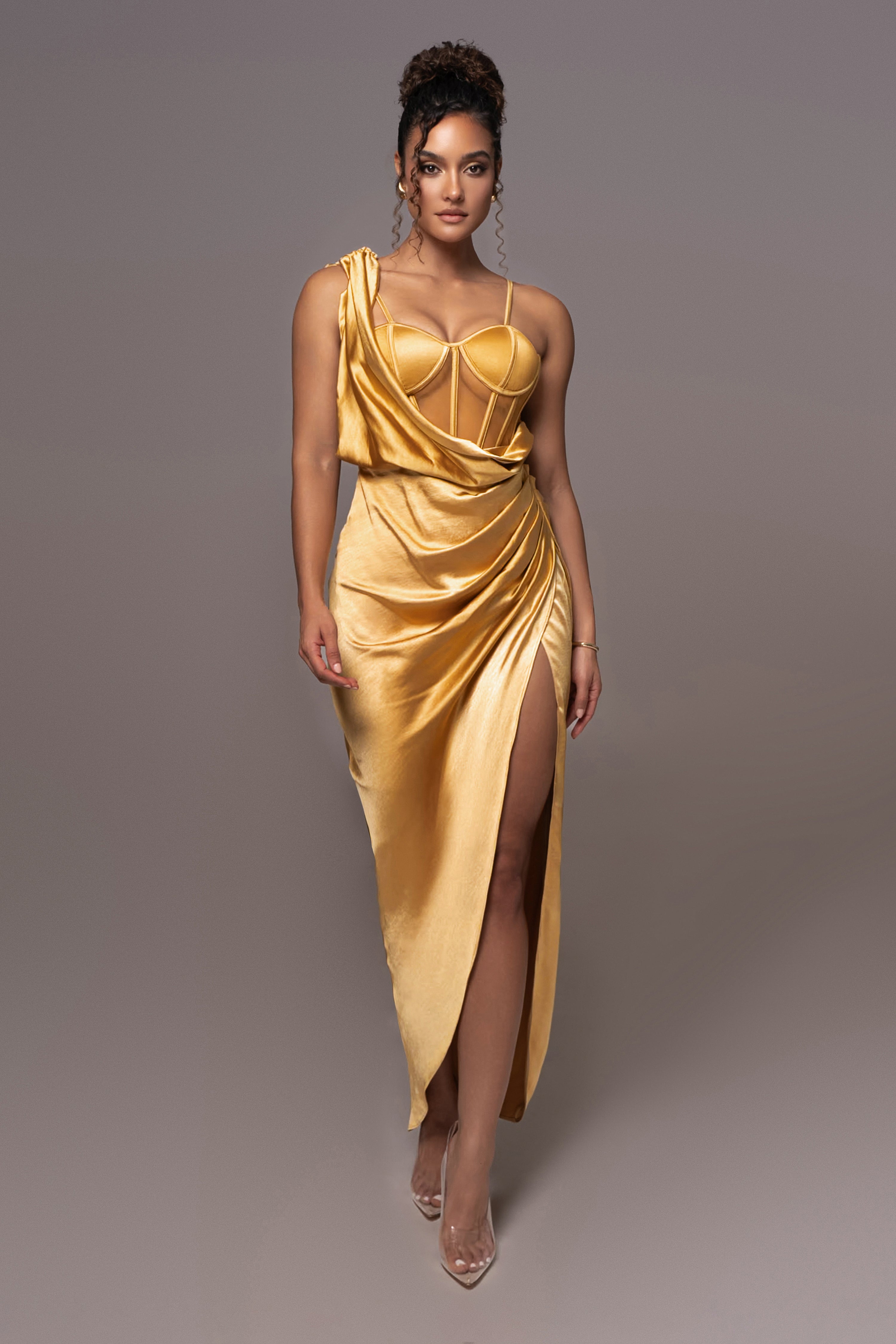 Cause for Commotion Golden Yellow Pleated Bustier Maxi Dress