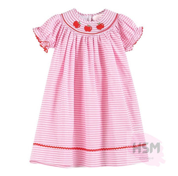 "The Big Apple" Smocked Striped Apple Bishop Embroidery Red Dress