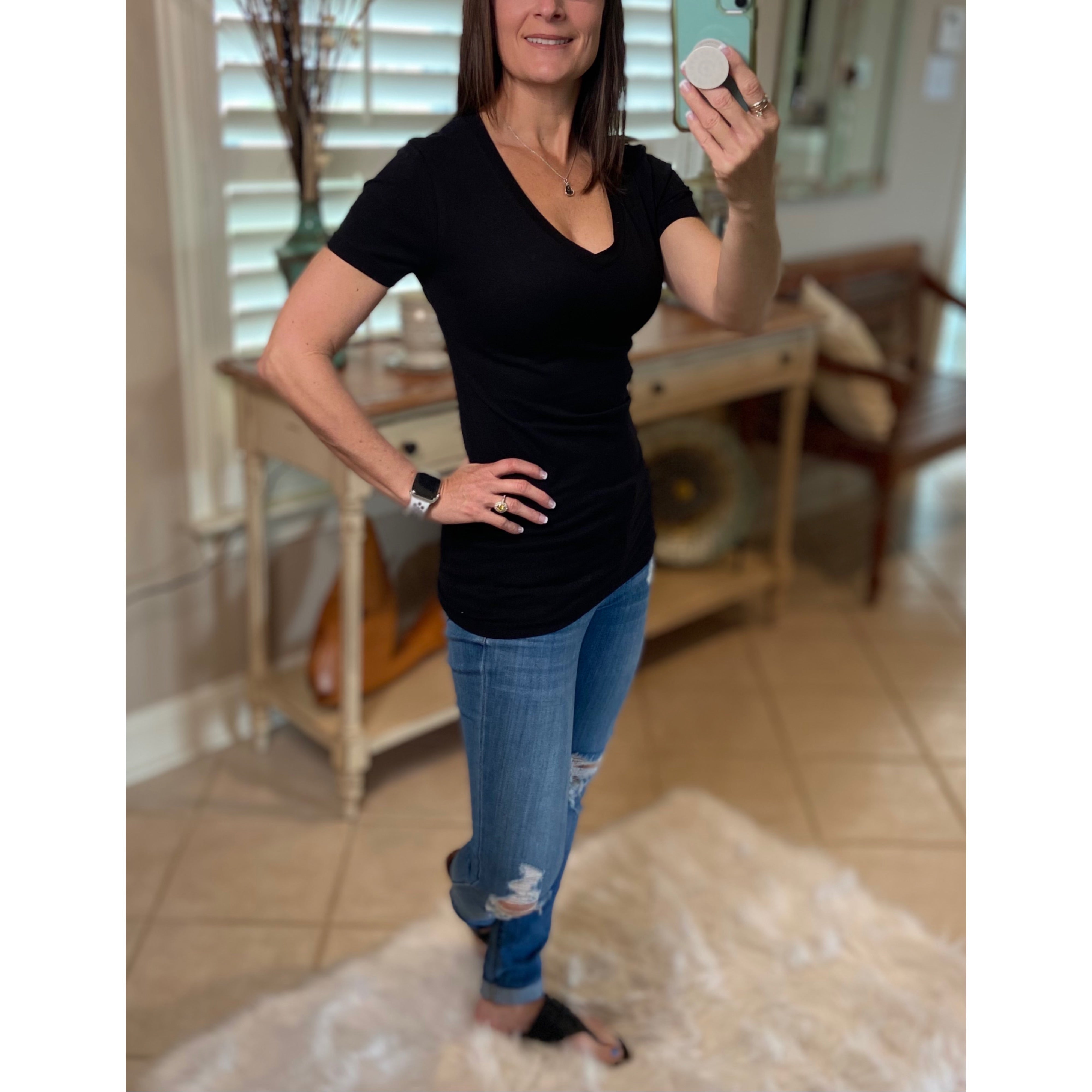 “Basic Babe” Low Cut V-Neck Cleavage Baby Slimming Basic Tee Shirt Black S/M/L/XL