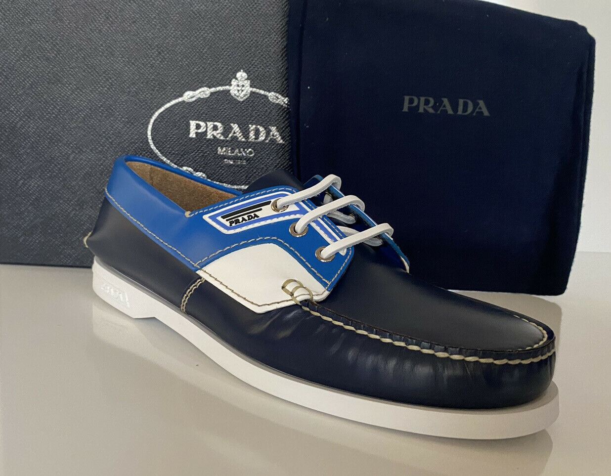 NIB $970 PRADA Milano Mens Blue Leather Boat Shoes  US (Prada ) –  BAYSUPERSTORE