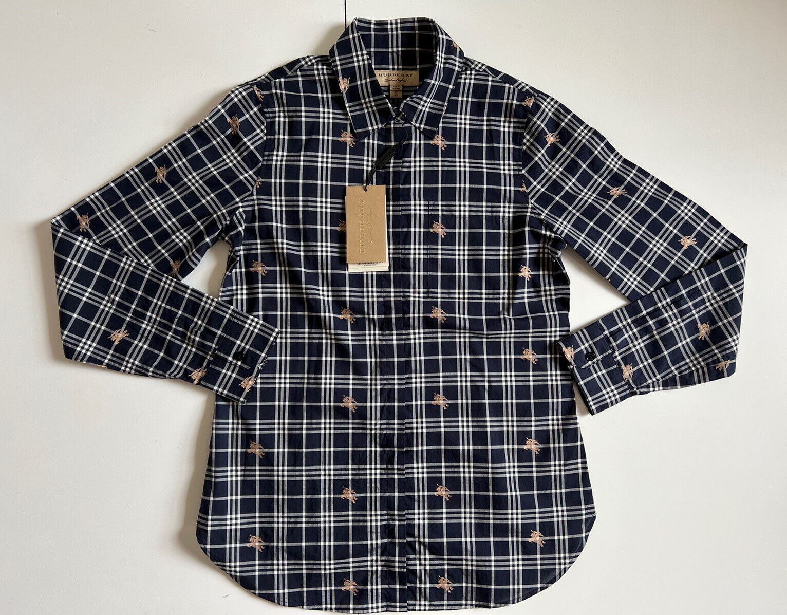 NWT $350 Burberry Women's Navy Checks Button-Up Shirt 4 US (6 UK