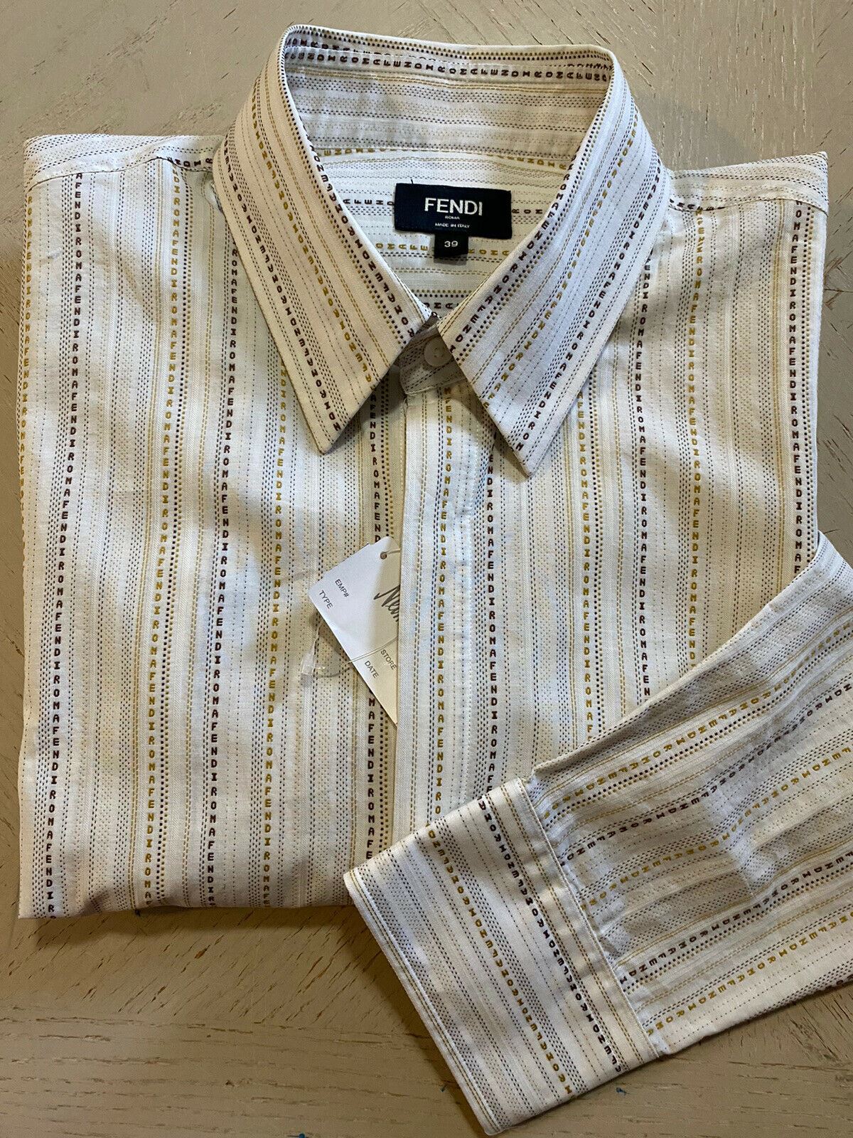 New $550 Fendi Men Dot Stripe Micro Fendi Ls Shirt LT Brown Size 39 Italy